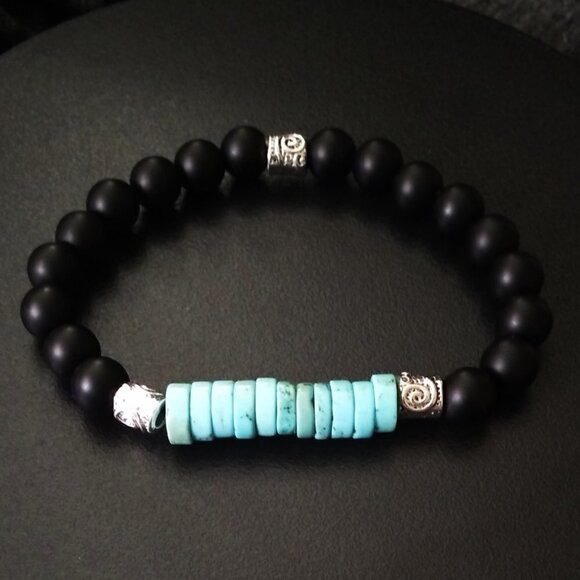 Minimalist! Turquoise Howlite Heishi Beads + Black Stone Beads! Coastal Cowgirl - Picture 5 of 9